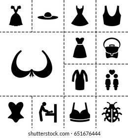 Lady icon. set of 13 filled ladyicons such as baby changing room, bra, sport bra, corset, dress, bag, woman hat, ladybug