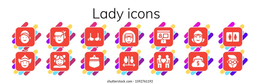 lady icon set. 14 filled lady icons.  Simple modern icons such as: Girl, Woman, Brassiere, Purse, Nun, Wc, Profile, Couple, Maid, Bathroom, Boy