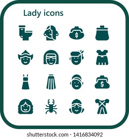 lady icon set. 16 filled lady icons.  Simple modern icons about  - Toilet, Girl, Purse, Woman, Nun, Dress, Skirt, Beetle, Maid