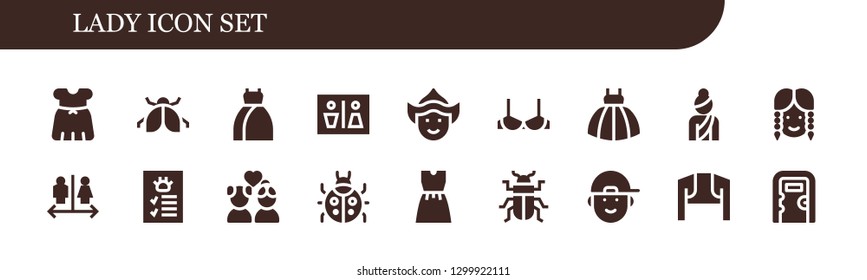  lady icon set. 18 filled lady icons.  Simple modern icons about  - Dress, Ladybug, Wc, Woman, Brassiere, Girl, Profile, Couple, Beetle, Boy, Bolero, Public toilet