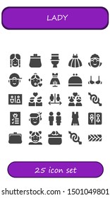 lady icon set. 25 filled lady icons.  Collection Of - Girl, Purse, Toilet, Dress, Maid, Boy, Brassiere, Wc, Couple, Gender, Profile, Woman, Plait