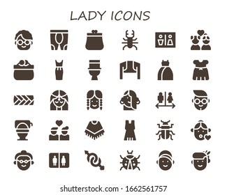 lady icon set. 30 filled lady icons.  Simple modern icons such as: Grandmother, Leggings, Purse, Beetle, Wc, Couple, Dress, Toilet, Bolero, Plait, Girl, Boy, Poncho, Bathroom