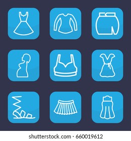 Lady icon. set of 9 outline lady icons such as sandals, sport bra, blouse, skirt, dress