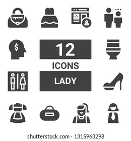 lady icon set. Collection of 12 filled lady icons included Businesswoman, Woman, Purse, Dress, Heels, Toilet, Child, Profile, Handbag