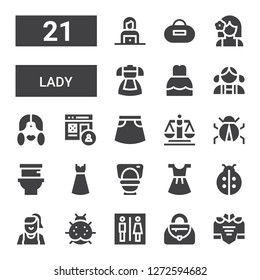 lady icon set. Collection of 21 filled lady icons included Dress, Handbag, Toilet, Ladybird, Woman, Ladybug, Justice, Skirt, Profile, Girl, Purse
