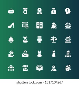 lady icon set. Collection of 25 filled lady icons included Woman, Dress, Girl, Handbag, Child, Grandmother, Justice, Toilet, Ladybird, Restroom, Profile, Heels, Purse