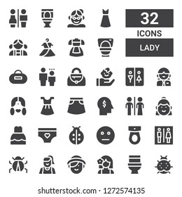 lady icon set. Collection of 32 filled lady icons included Ladybird, Toilet, Girl, Woman, Ladybug, Neutral, Panties, Dress, Restroom, Profile, Skirt, Child, Handbag, Purse, Grandmother