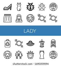 lady icon set. Collection of High heels, Skirt, Dress, Nun, Ladybug, Woman, Gender fluid, Recycled bag, Heterosexual, Sun hat, Statue of liberty, Maid icons