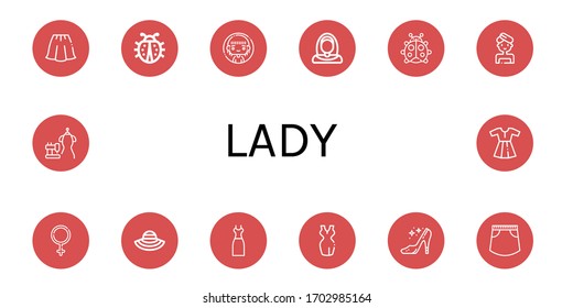 lady icon set. Collection of Skirt, Ladybug, Woman, Nun, Female, Sun hat, Dress, High heels, Bride dress icons