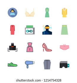 lady icon set. vector set about brassiere, virtual reality, trench coat and dress icons set.