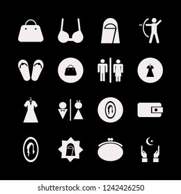 lady icon. lady vector icons set evening dress, wc, hands islam sign and brassiere