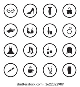 Lady Icons. Black Flat Design In Circle. Vector Illustration.