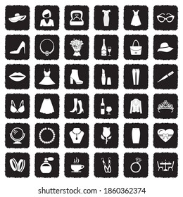 Lady Icons. Grunge Black Flat Design. Vector Illustration.