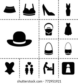 Lady icons. set of 13 editable filled lady icons such as baby changing room, sport bra, corset, bag, skirt, dress, women couple, man wc, woman shoe