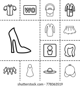 Lady icons. set of 13 editable outline lady icons such as man wc, hairstyle, woman shoe, wc, blouse, dress, woman hat, children, bra, bag