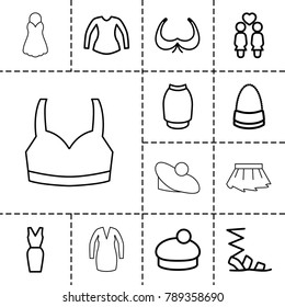 Lady icons. set of 13 editable outline lady icons such as bra, sandals, blouse, bag, skirt, dress, woman hat, women couple