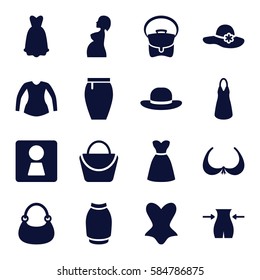 lady icons set. Set of 16 lady filled icons such as woman WC, woman bag, bra, slim, corset, dress, blouse, bag