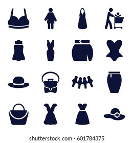 lady icons set. Set of 16 lady filled icons such as woman bag, woman hat, sport bra, corset, dress, bag, skirt, woman, children