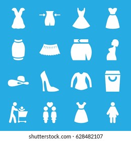 Lady icons set. set of 16 lady filled icons such as woman shoe, dress, slim, blouse, skirt, woman hat, women couple, shopping bag