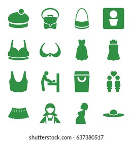 Lady icons set. set of 16 lady filled icons such as man wc, baby changing room, bra, maid, sport bra, bag, skirt, woman hat, women couple, pregnant woman, dress