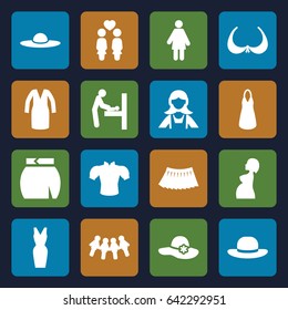 Lady icons set. set of 16 lady filled icons such as baby changing room, bra, woman hat, maid, dress, blouse, skirt, women couple, pregnant woman, woman