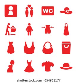 Lady icons set. set of 16 lady filled icons such as woman wc, woman hat, slim, wc, sport bra, dress, blouse, bag, women couple, shopping bag