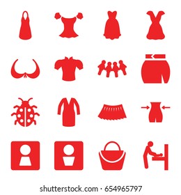 Lady icons set. set of 16 lady filled icons such as man wc, woman wc, baby changing room, woman bag, bra, slim, dress, blouse, skirt, ladybug