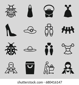 Lady icons set. set of 16 lady filled and outline icons such as woman shoe, maid, dress, bag, ladybug, women couple, woman hat, blouse, shopping bag, children