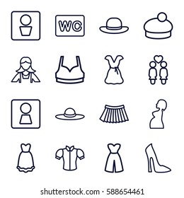 lady icons set. Set of 16 lady outline icons such as man WC, woman WC, woman shoe, maid, WC, sport bra, blouse, skirt, dress