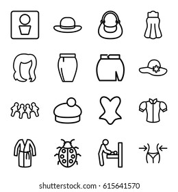 Lady icons set. set of 16 lady outline icons such as man WC, baby changing room, hairstyle, woman hat, slim, corset, blouse, dress, bag, skirt, ladybug