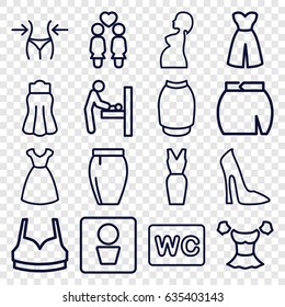 Lady icons set. set of 16 lady outline icons such as man wc, baby changing room, woman shoe, dress, slim, wc, sport bra, blouse, skirt, women couple
