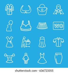 Lady icons set. set of 16 lady outline icons such as woman bag, bra, maid, wc, sport bra, blouse, dress, skirt, pregnant woman, woman