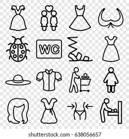 Lady icons set. set of 16 lady outline icons such as baby changing room, hairstyle, bra, dress, slim, wc, sandals, blouse, woman hat, ladybug, women couple, woman