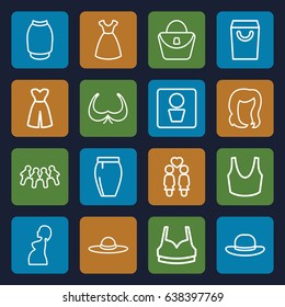 Lady icons set. set of 16 lady outline icons such as man wc, hairstyle, woman bag, bra, dress, sport bra, skirt, woman hat, women couple, pregnant woman, shopping bag