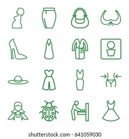 Lady icons set. set of 16 lady outline icons such as man wc, baby changing room, bra, woman shoe, slim, maid, dress, bag, skirt, woman hat, ladybug