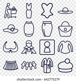 Lady icons set. set of 16 lady outline icons such as woman wc, woman bag, bra, woman hat, maid, corset, blouse, dress, skirt, children