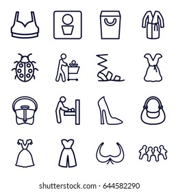 Lady icons set. set of 16 lady outline icons such as man wc, baby changing room, bra, woman shoe, sandals, sport bra, dress, bag, ladybug, shopping bag, children