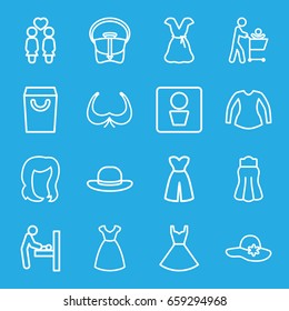 Lady icons set. set of 16 lady outline icons such as man wc, baby changing room, hairstyle, bra, dress, woman hat, blouse, bag, skirt, women couple, shopping bag