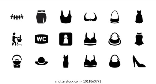 Lady icons. set of 18 editable filled lady icons: bra, sport bra, bag, dress, man wc, woman shoe, wc, skirt, woman hat, children