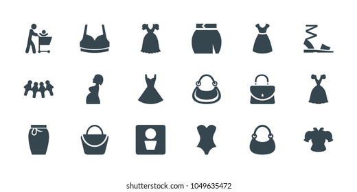 Lady icons. set of 18 editable filled lady icons: man wc, woman bag, dress, sport bra, bag, skirt, children, father with not in shopping cart, pregnant woman, sandals, corset