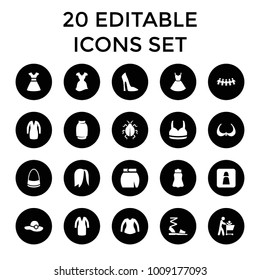 Lady icons. set of 20 editable filled lady icons such as bra, woman shoe, woman hat, blouse, dress, bag, skirt. best quality lady elements in trendy style.