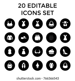 Lady icons. set of 20 editable filled lady icons such as woman bag, bra, woman shoe, sport bra, bag, skirt, dress, women couple, slim