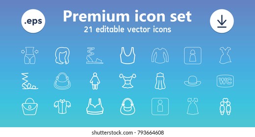 Lady icons. set of 21 editable outline lady icons includes hairstyle, woman bag, sandals, sport bra, blouse, bag, skirt, woman, women couple, man wc, slim, wc