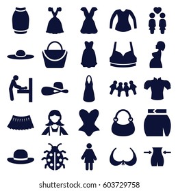 Lady icons set. set of 25 lady filled icons such as baby changing room, woman bag, bra, slim, maid, sport bra, corset, dress, blouse, bag, skirt, woman hat, ladybug