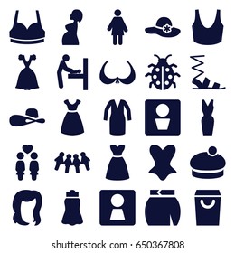 Lady icons set. set of 25 lady filled icons such as man wc, woman wc, baby changing room, hairstyle, bra, dress, woman hat, sandals, sport bra, corset, skirt, ladybug