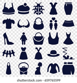 Lady icons set. set of 25 lady filled icons such as woman bag, bra, woman shoe, sandals, sport bra, dress, blouse, bag, skirt, ladybug, women couple