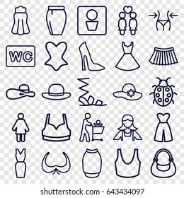 Lady icons set. set of 25 lady outline icons such as man wc, bra, woman shoe, woman hat, slim, maid, wc, sandals, sport bra, corset, bag, skirt, dress, ladybug, women couple