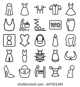 Lady icons set. set of 25 lady outline icons such as woman wc, baby changing room, hairstyle, woman bag, bra, dress, slim, wc, sandals, corset, sport bra, blouse, bag, skirt