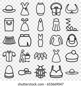 Lady icons set. set of 25 lady outline icons such as bra, dress, sandals, sport bra, blouse, bag, skirt, woman hat, ladybug, shopping bag, children