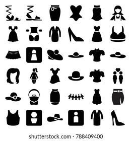 Lady icons. set of 36 editable filled lady icons such as man wc, hairstyle, woman shoe, woman hat, maid, sandals, corset, blouse, dress, skirt, women couple, slim, sport bra